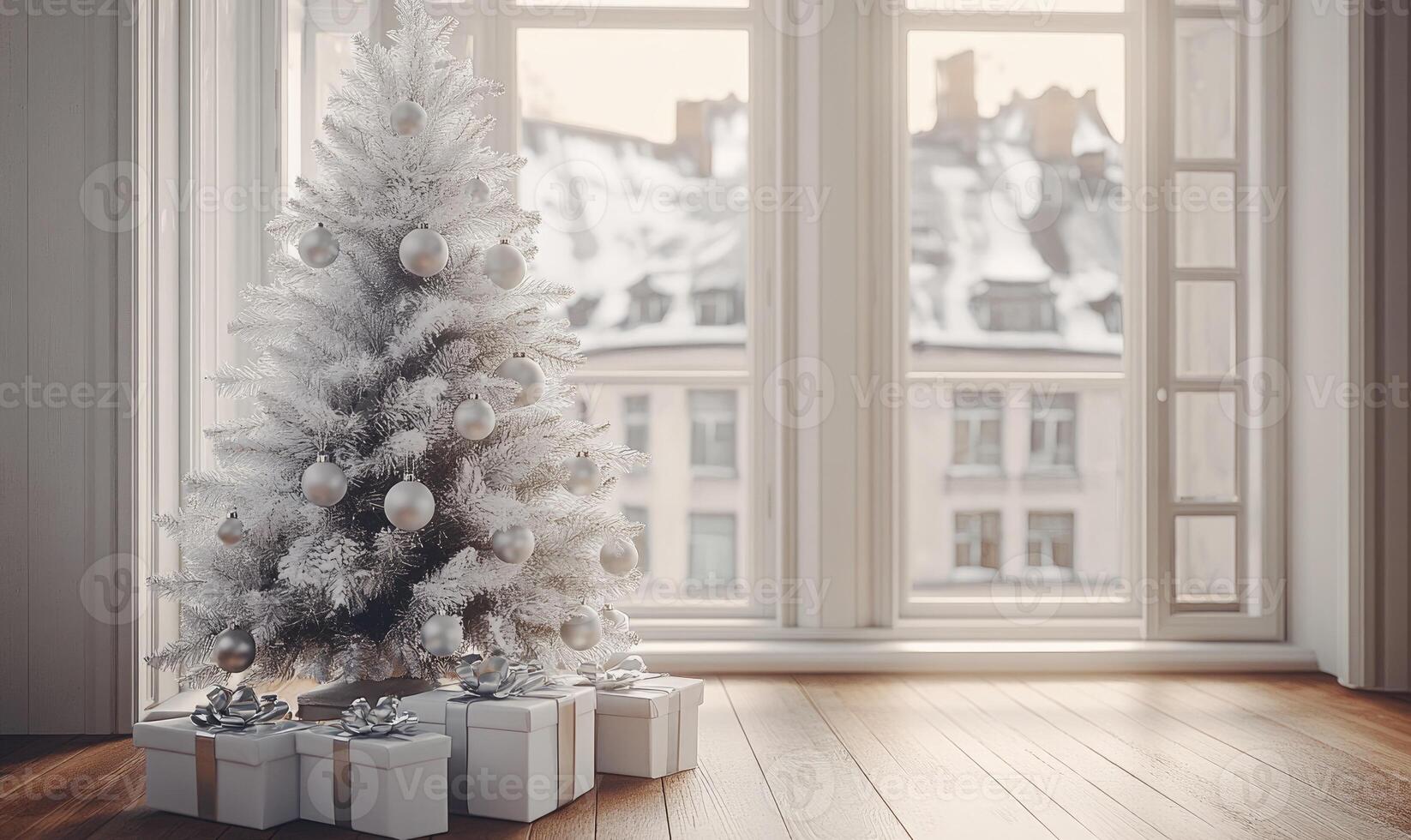 A white Christmas tree with a lot of ornaments sits in front of a window photo