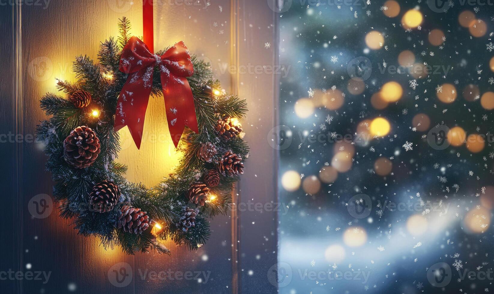 A wreath with red ribbon and pine cones is hanging on a door photo