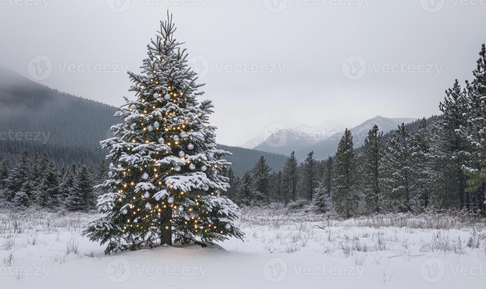 A Christmas tree is lit up in a snowy field photo