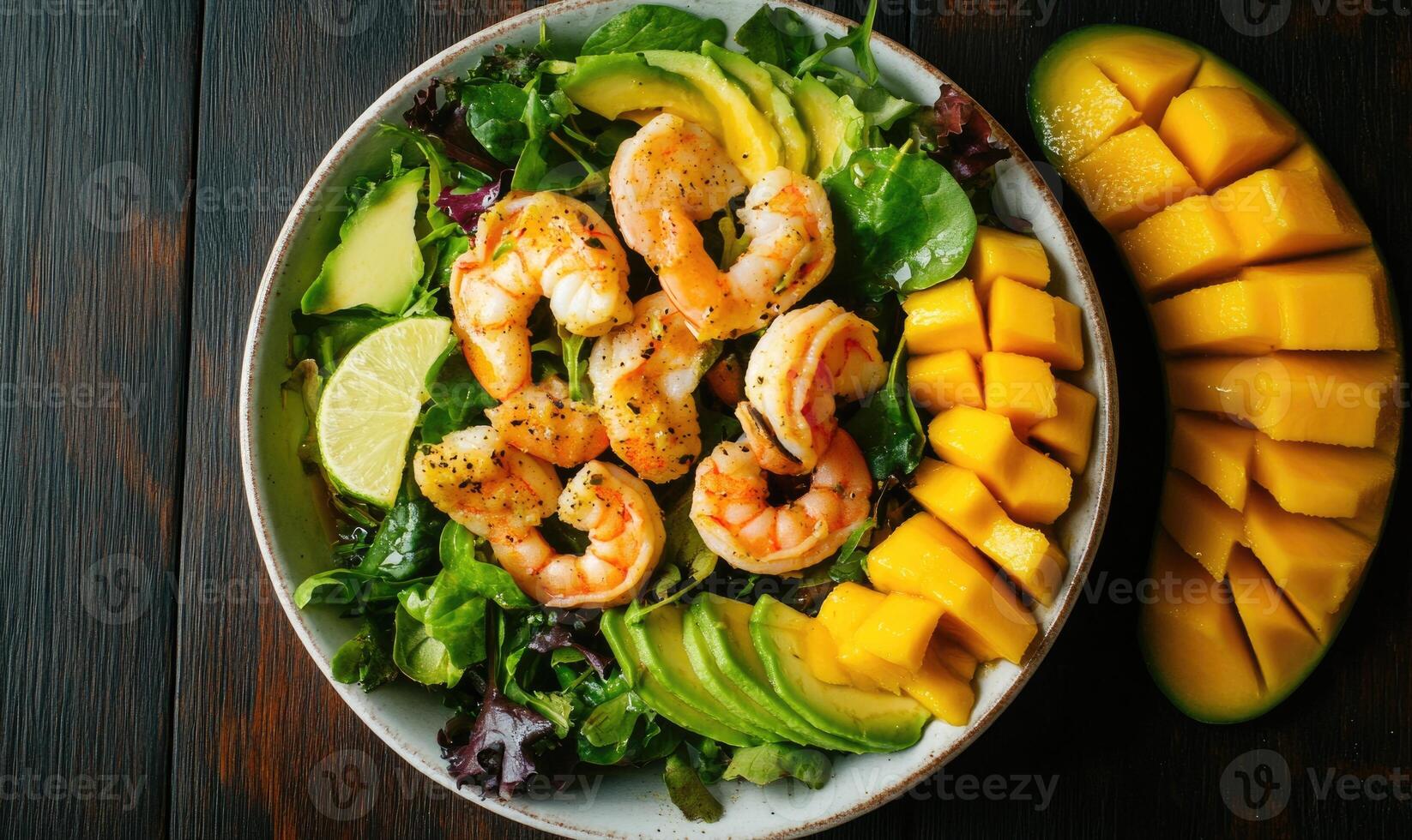 A bowl of shrimp salad with avocado and a slice of mango on a wooden table photo