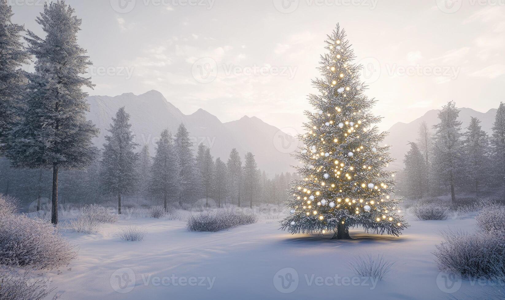 A Christmas tree is lit up in a snowy field photo