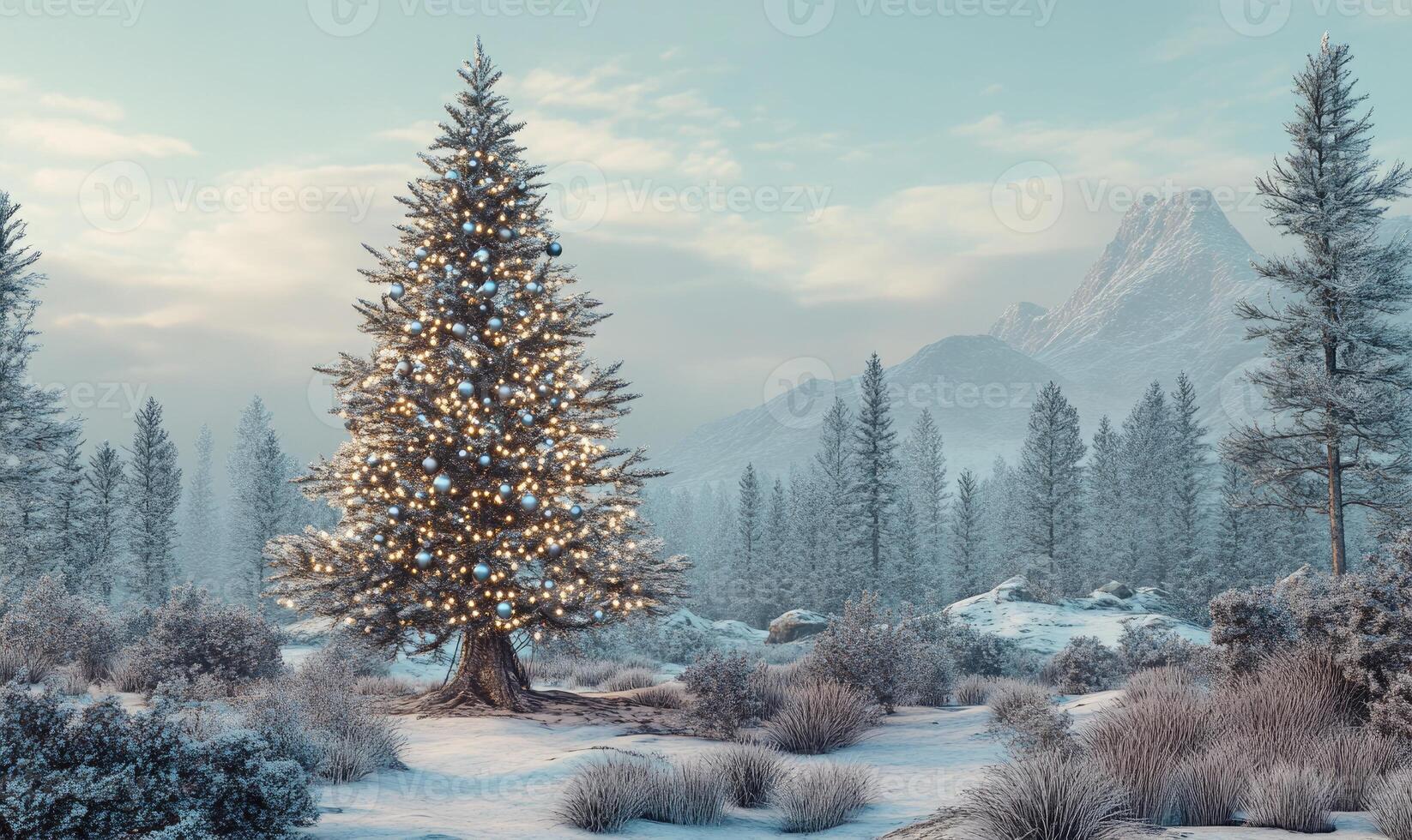 A Christmas tree is lit up in a snowy field photo