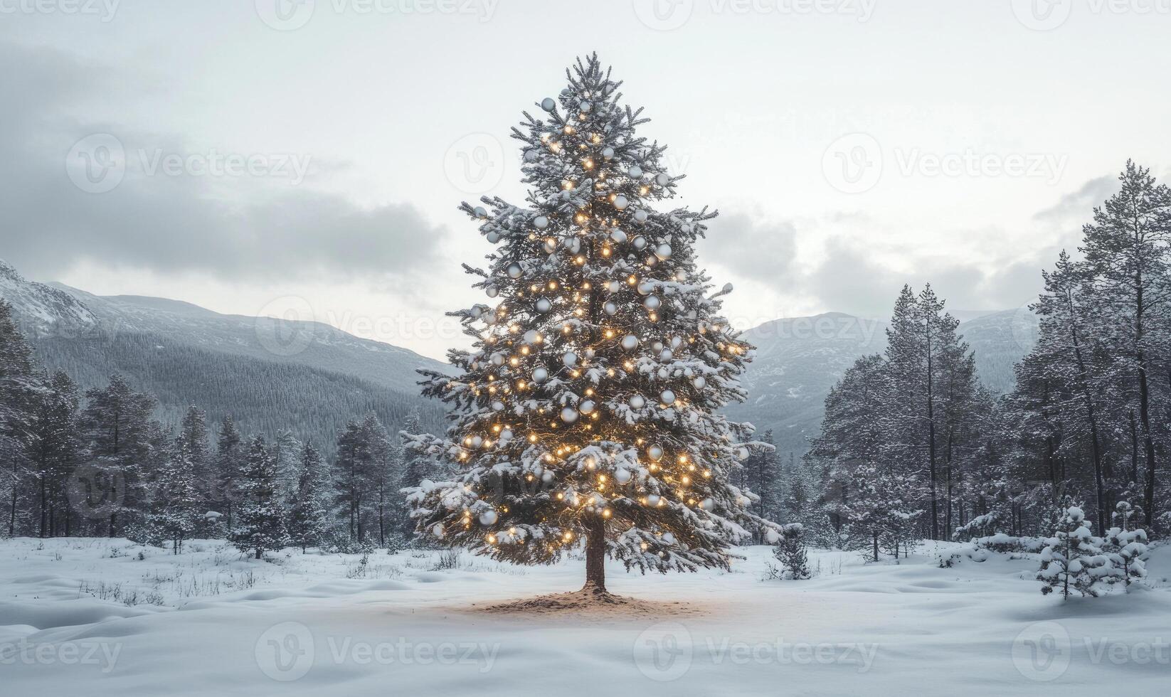 A Christmas tree is lit up in a snowy field photo