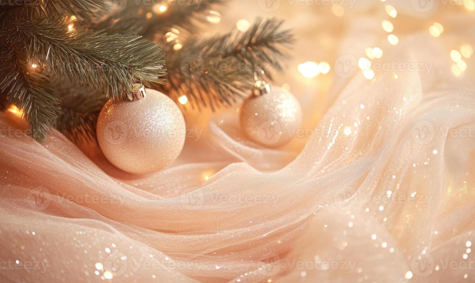A tree with a string of lights and two white Christmas ornaments hanging from it photo