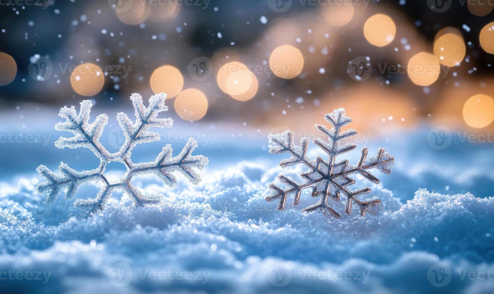 Two snowflakes are on top of the snow photo