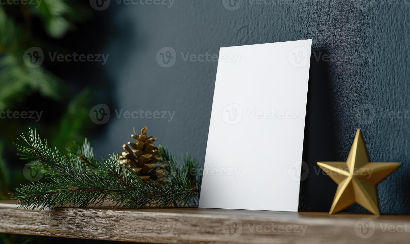A white card is on a shelf next to a pine cone and a gold star photo