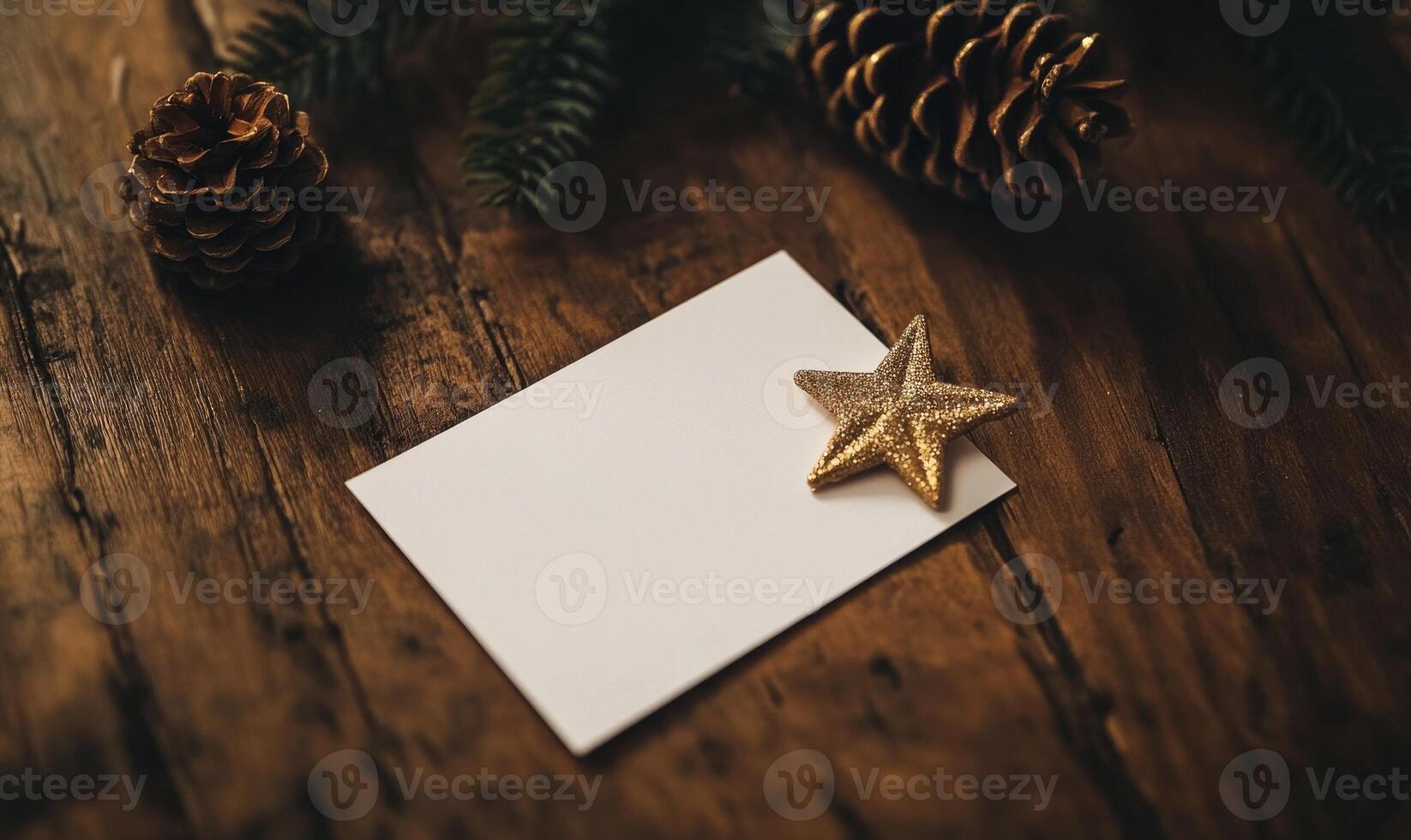 A white card with a star on it sits on a wooden table photo