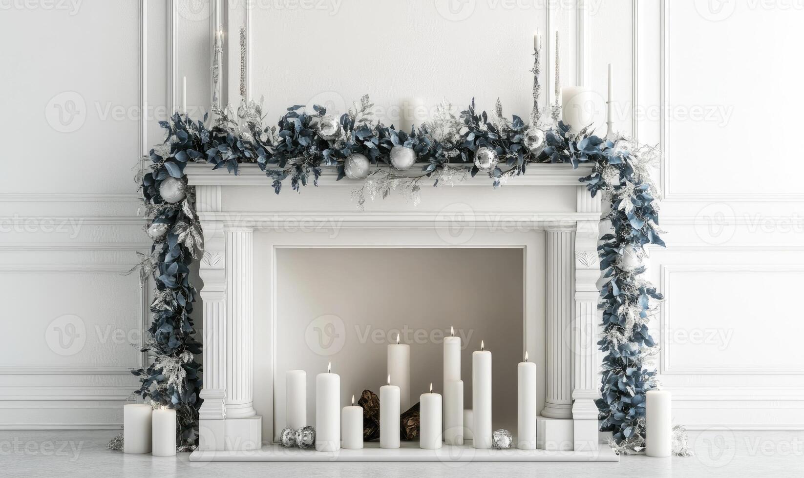 A fireplace with a blue and white mantle and a white mantle photo