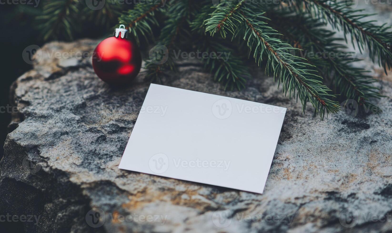 A white card with a red ornament on top of it photo