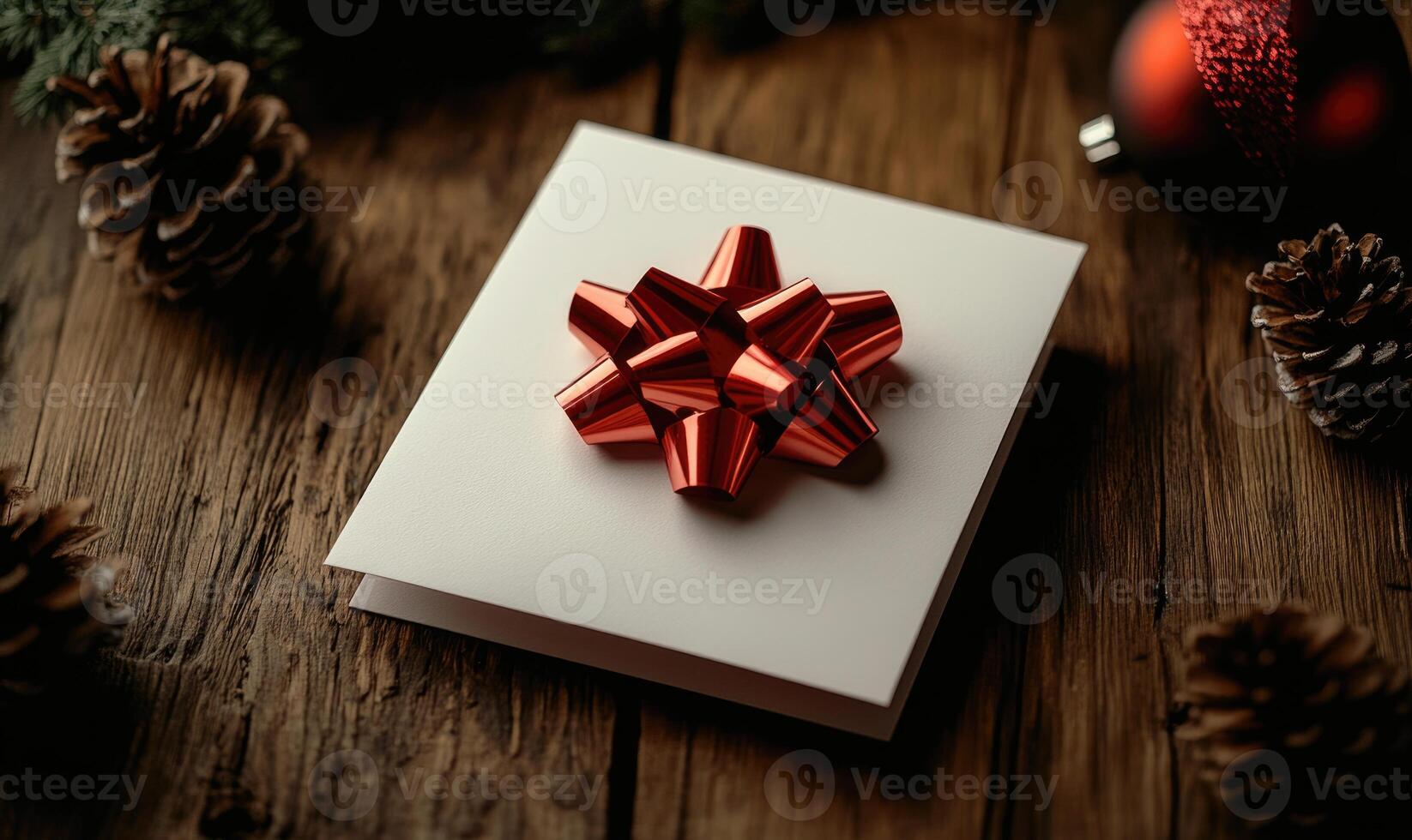 A red bow is on top of a white card photo