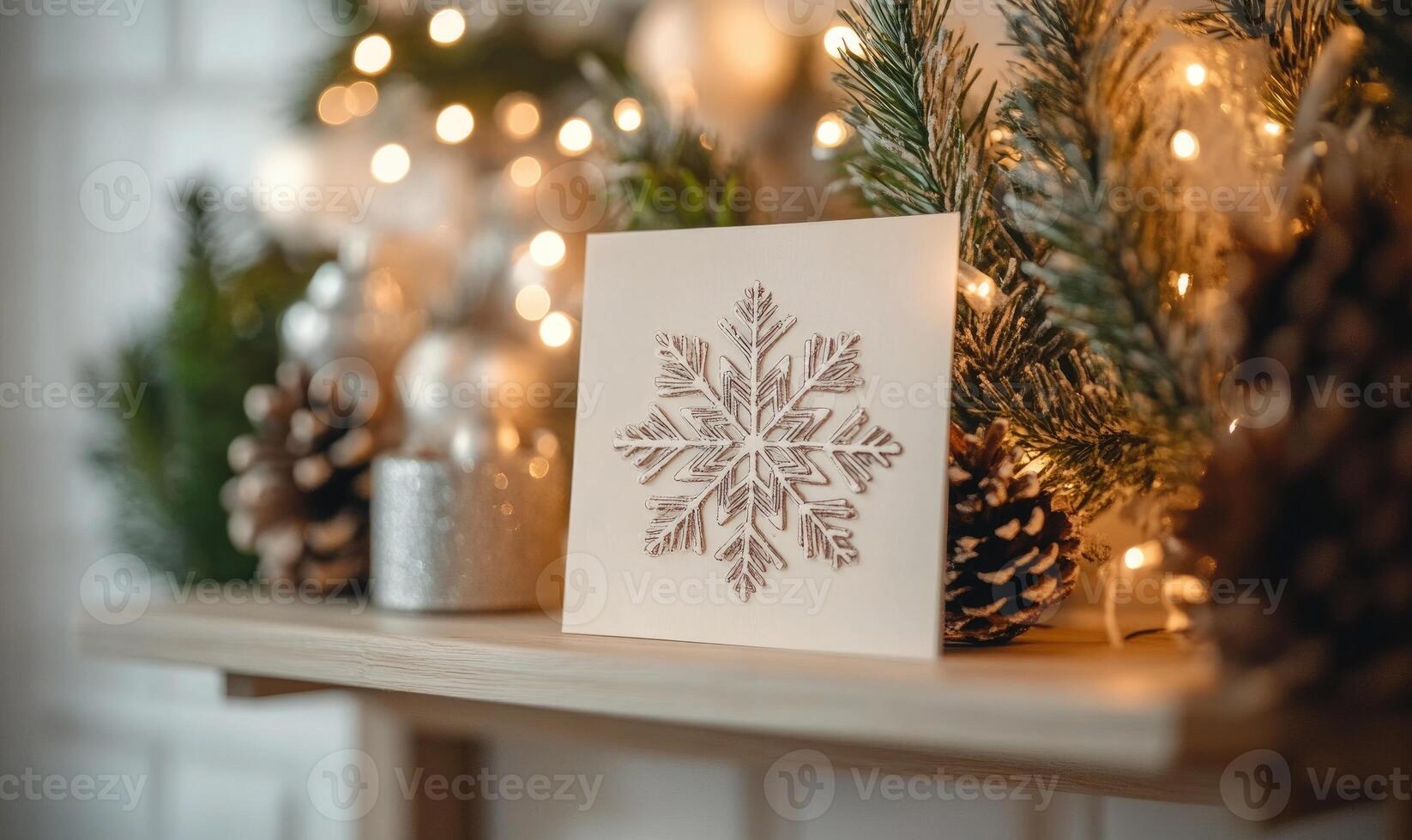 A white card with a snowflake on it sits on a shelf next to pine cones photo