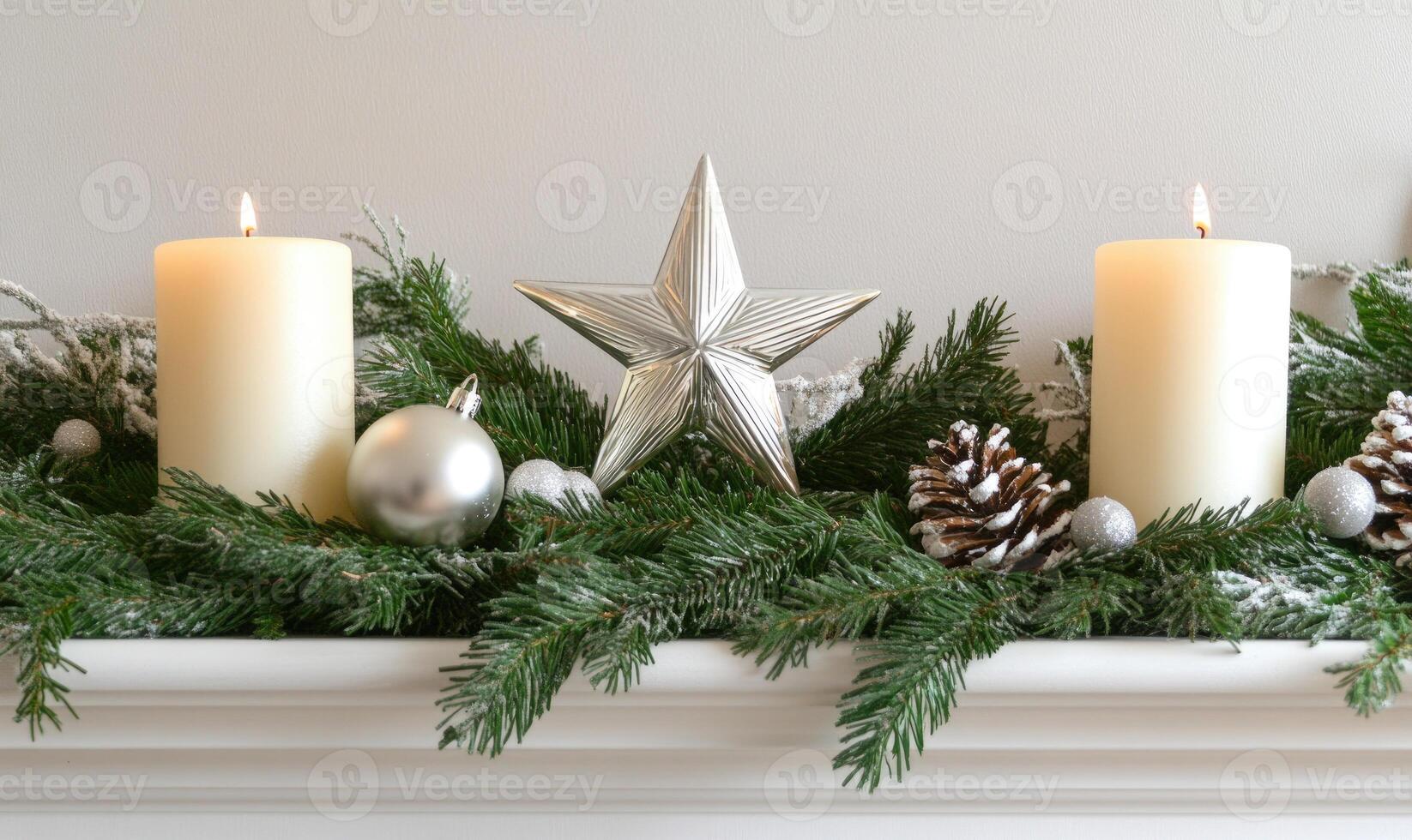 A mantle with candles and a star on it photo