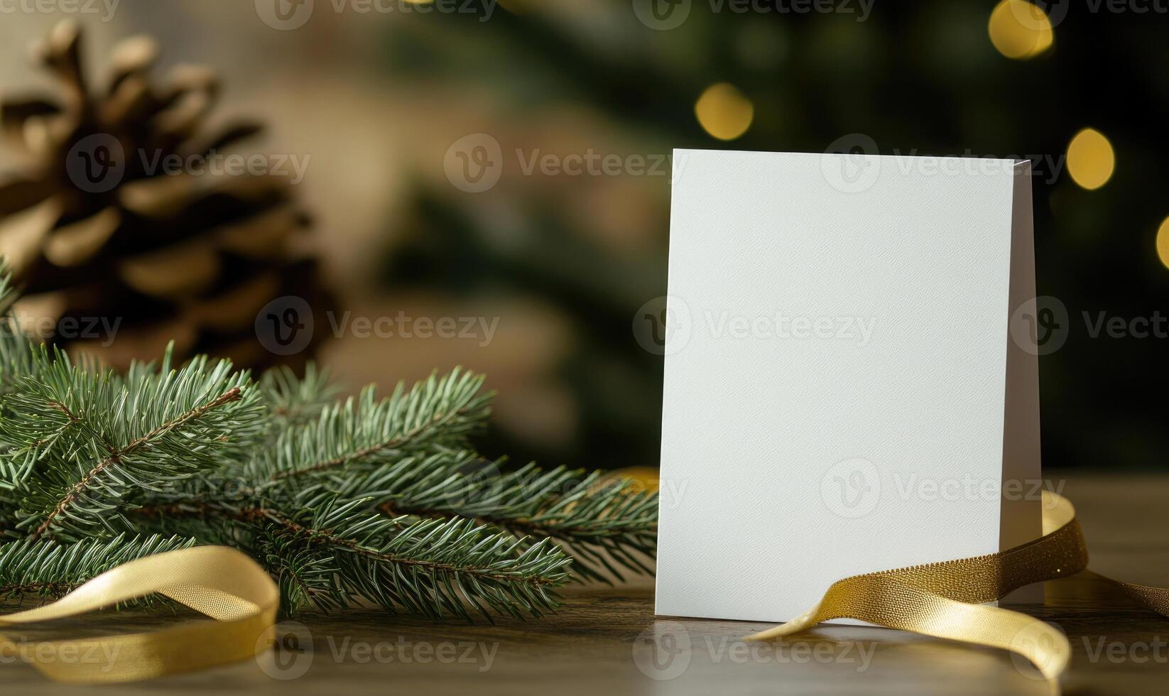 A white card is sitting on a table next to a pine cone and a ribbon photo