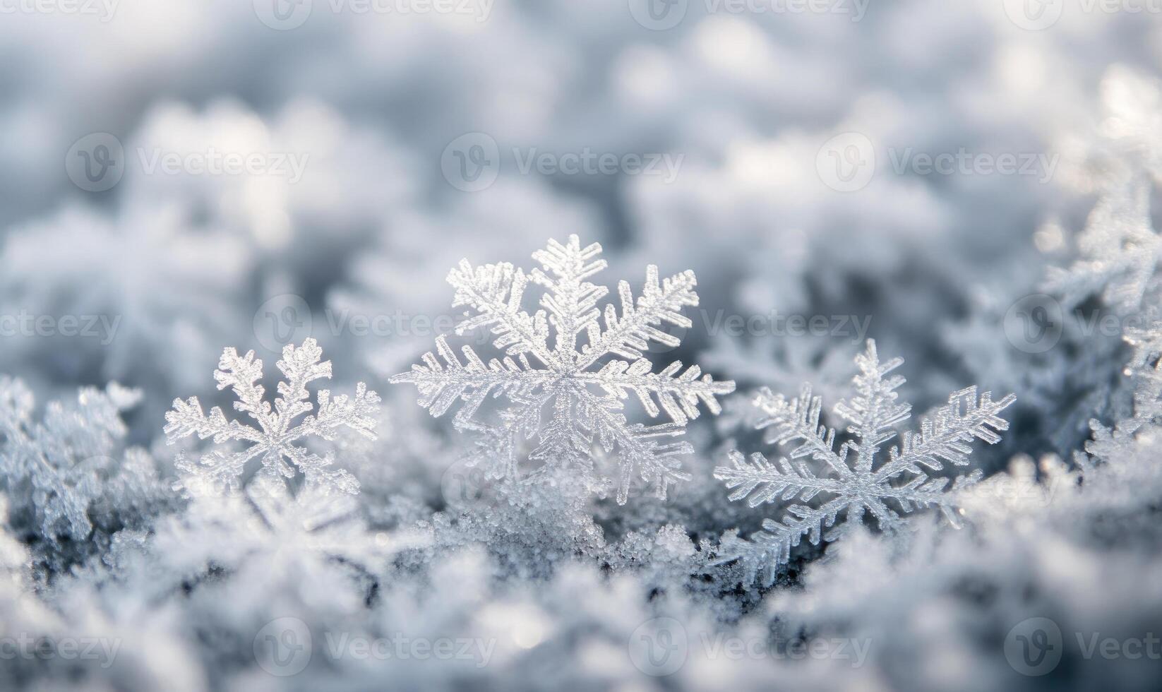 A close up of three snowflakes on a snowy surface photo