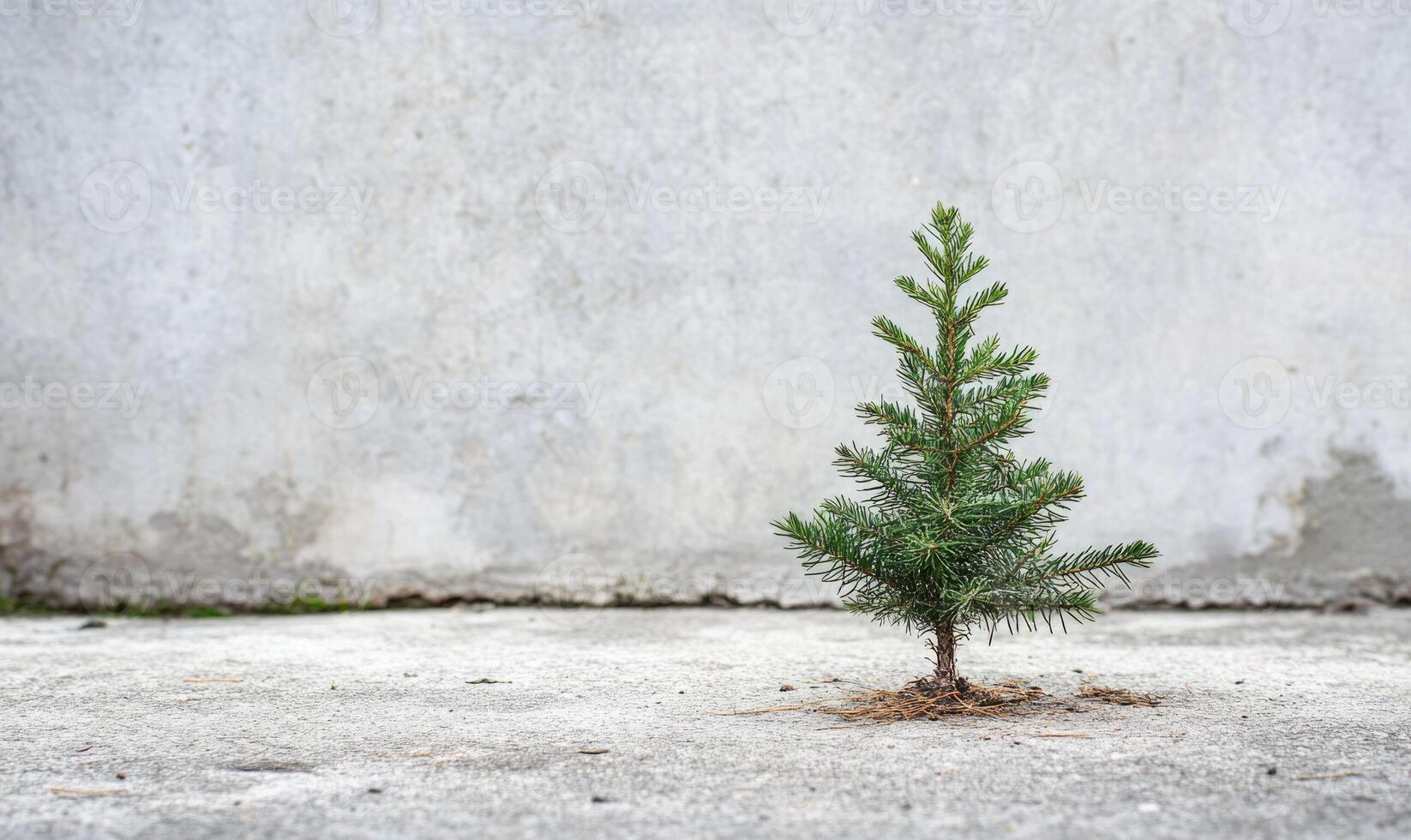 A small pine tree is planted in a hole in the cement photo