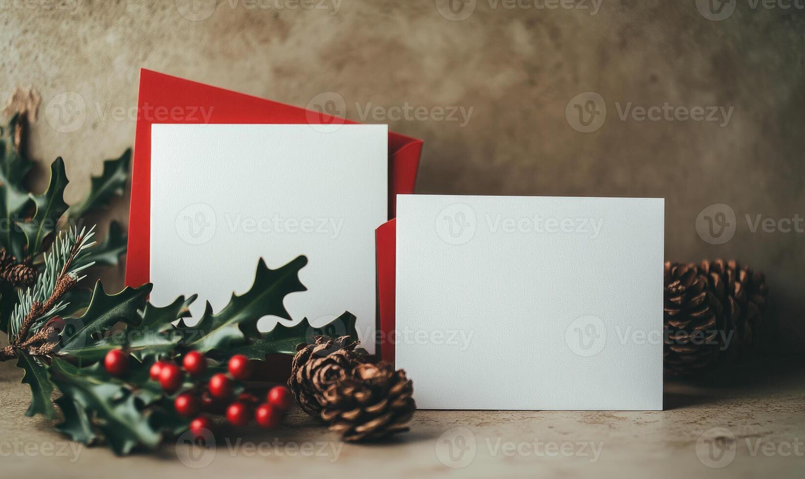 A white card with red trim sits on a table next to a red card photo