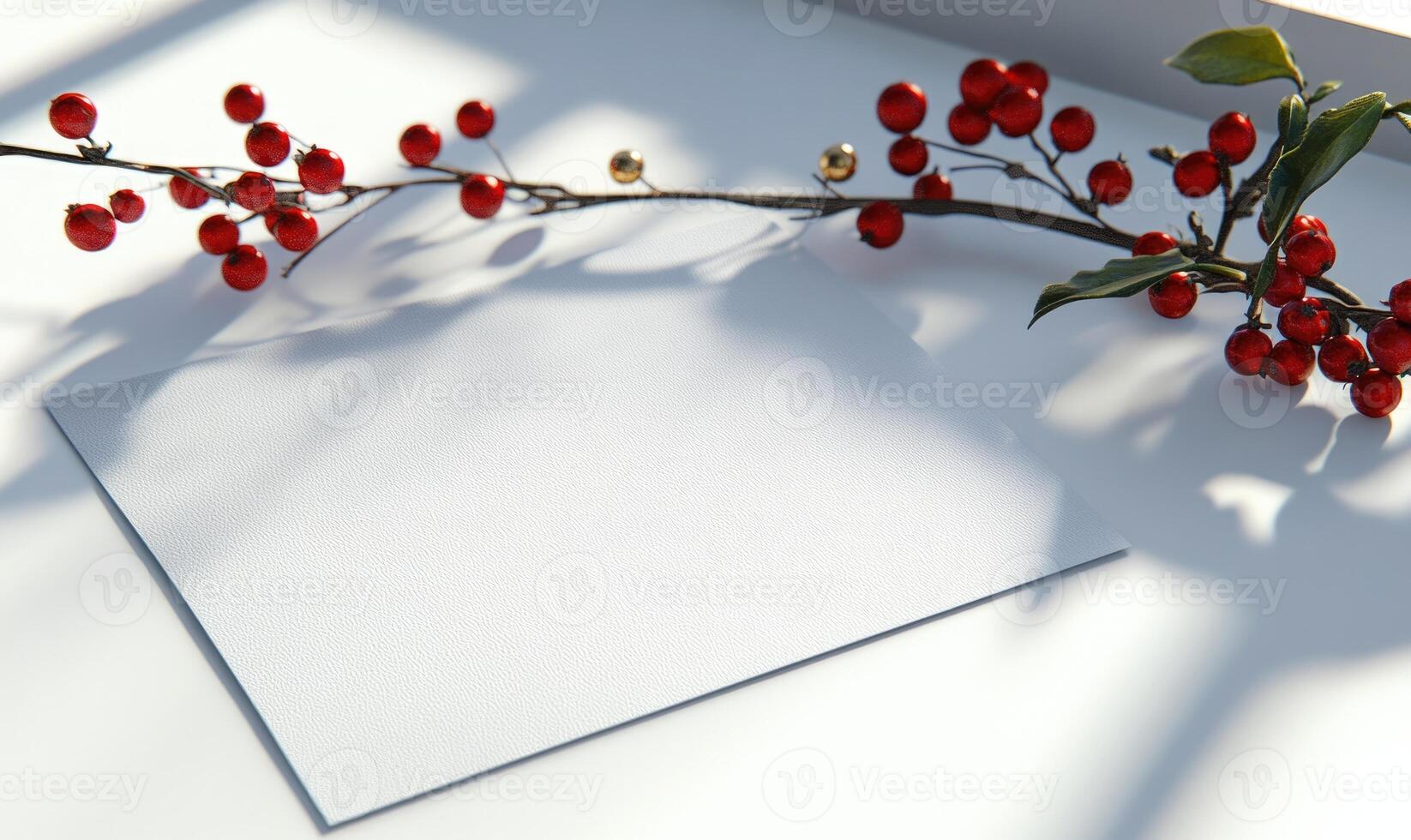 A white card with a red border sits on a table next to a branch of red berries photo