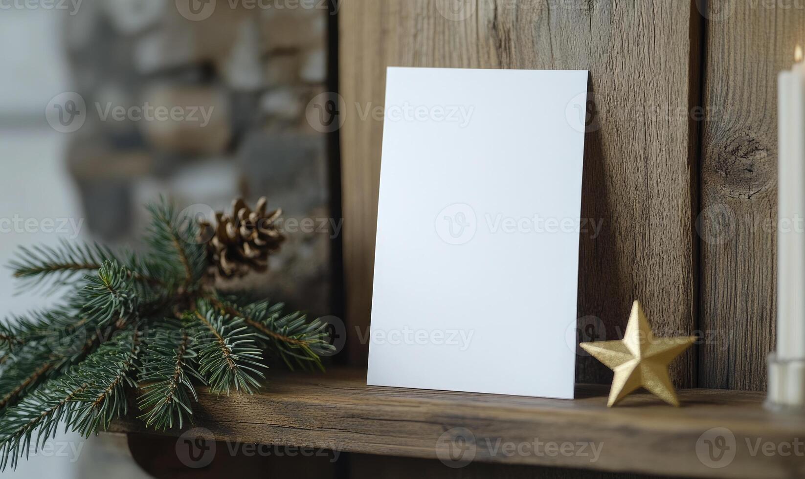 A white card is sitting on a shelf next to a pine tree and a gold star photo