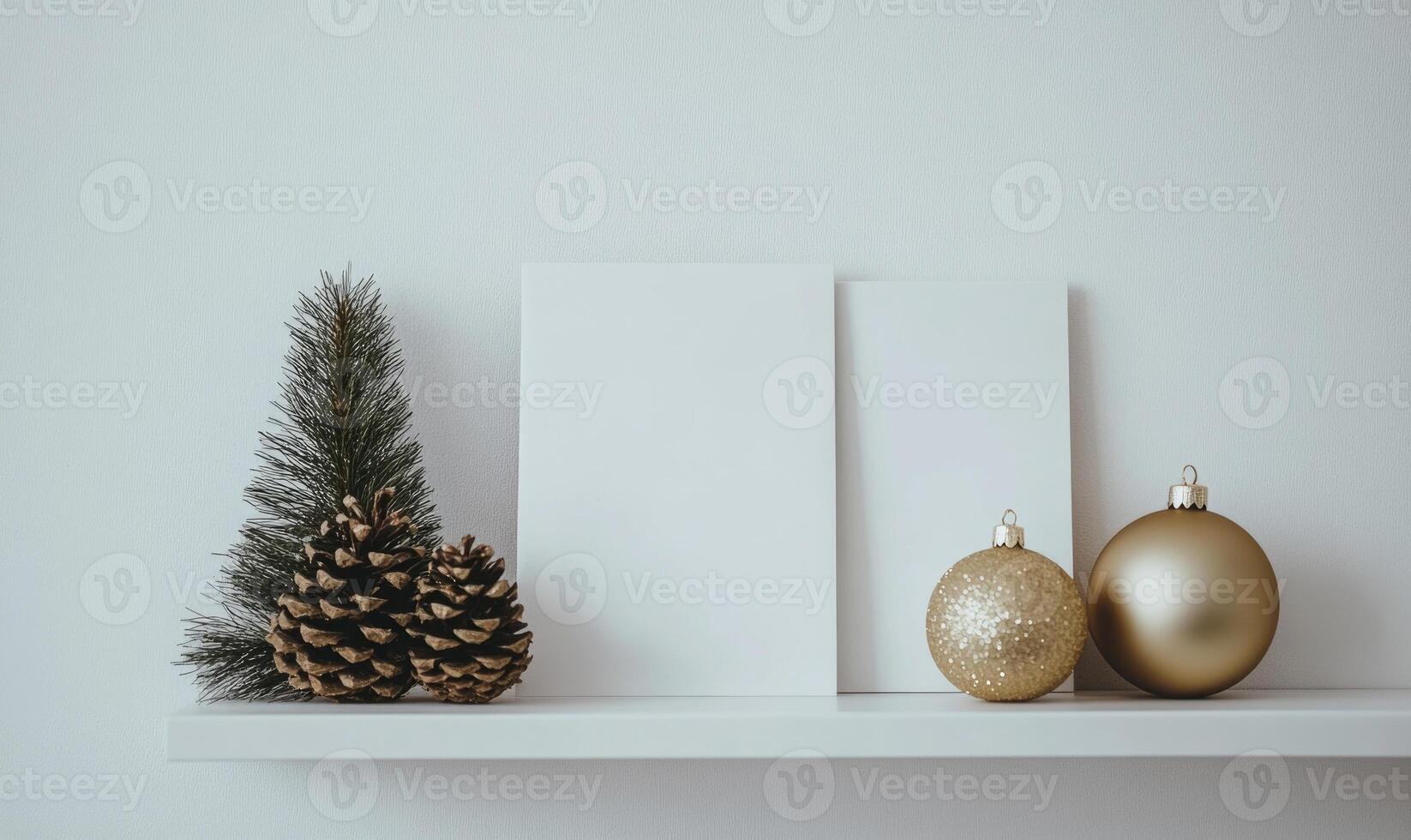 A white shelf with a pine cone, two white papers, and two gold balls photo