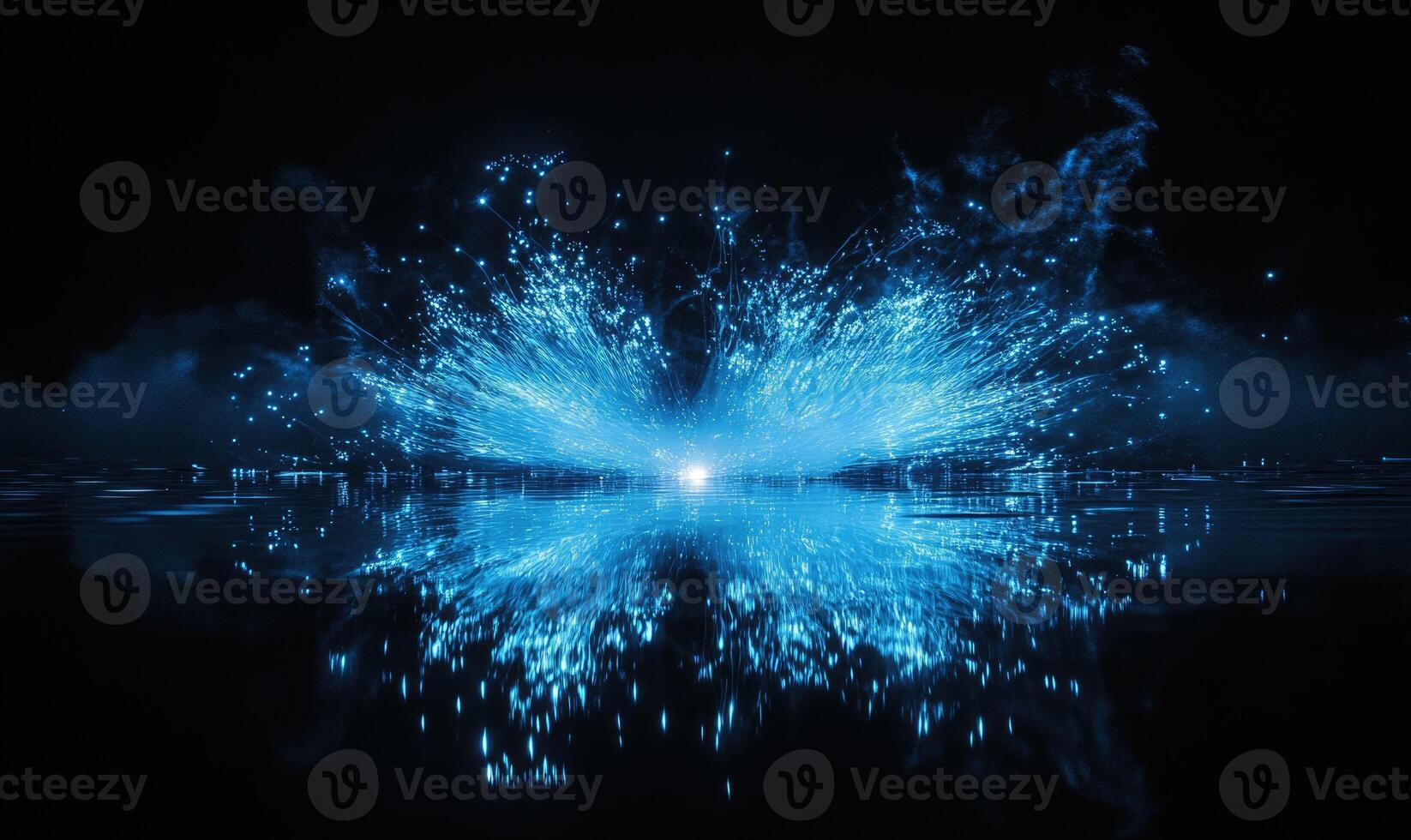 A blue and white image of a firework with a bright light in the middle photo