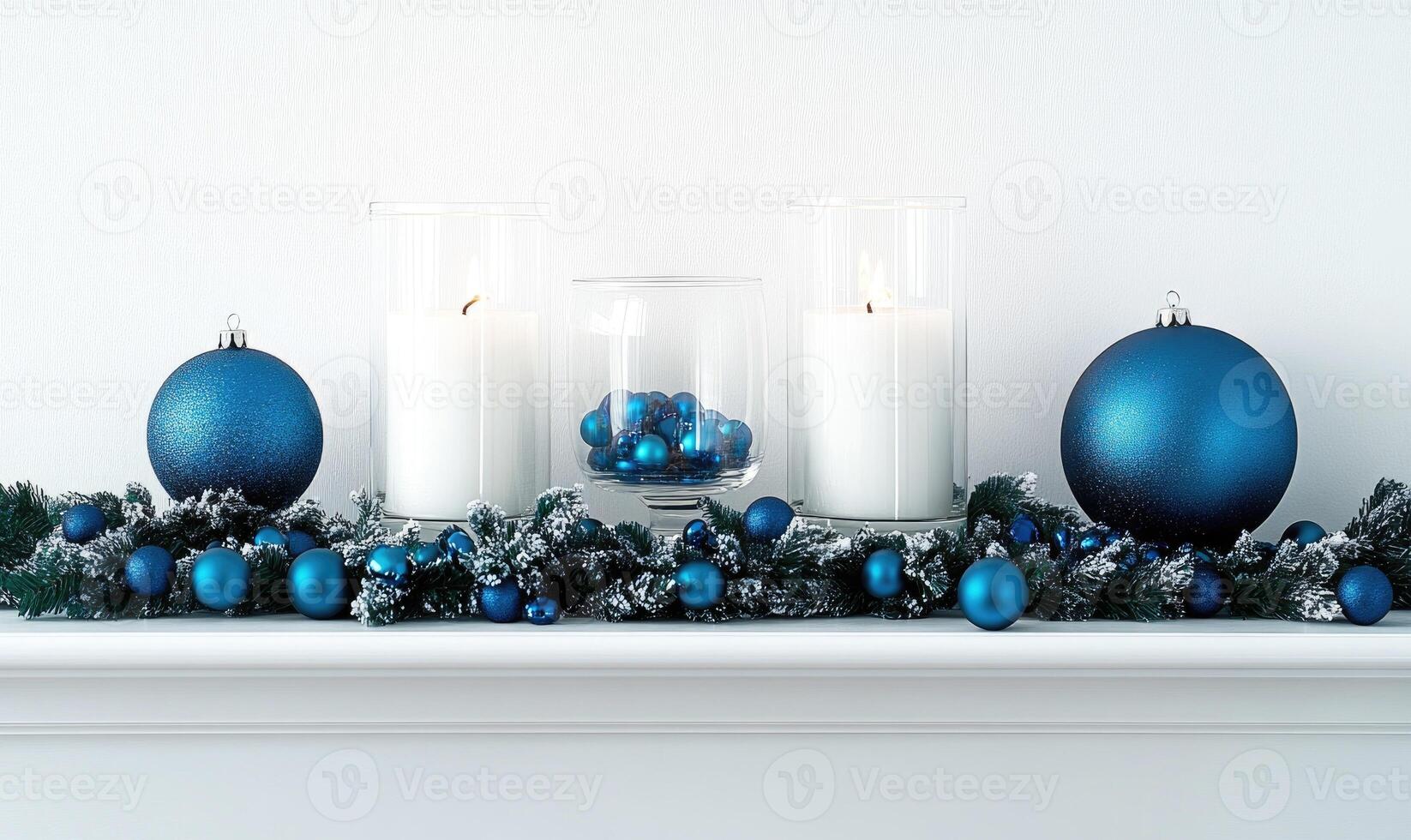A mantle with a blue and white Christmas tree decoration photo
