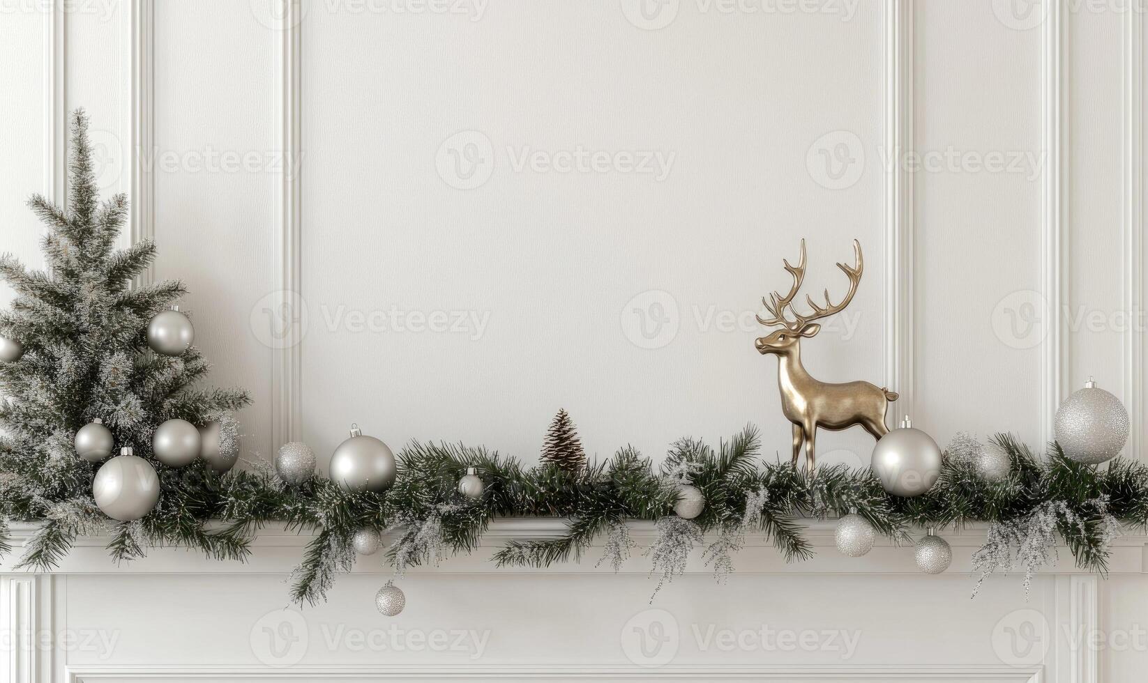 A white mantle with a Christmas tree and a deer ornament photo