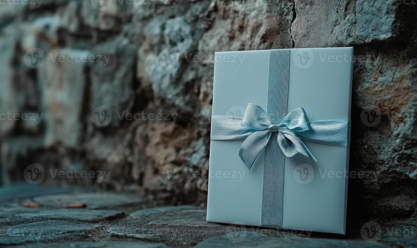 A white box with a blue ribbon on top of a stone wall photo