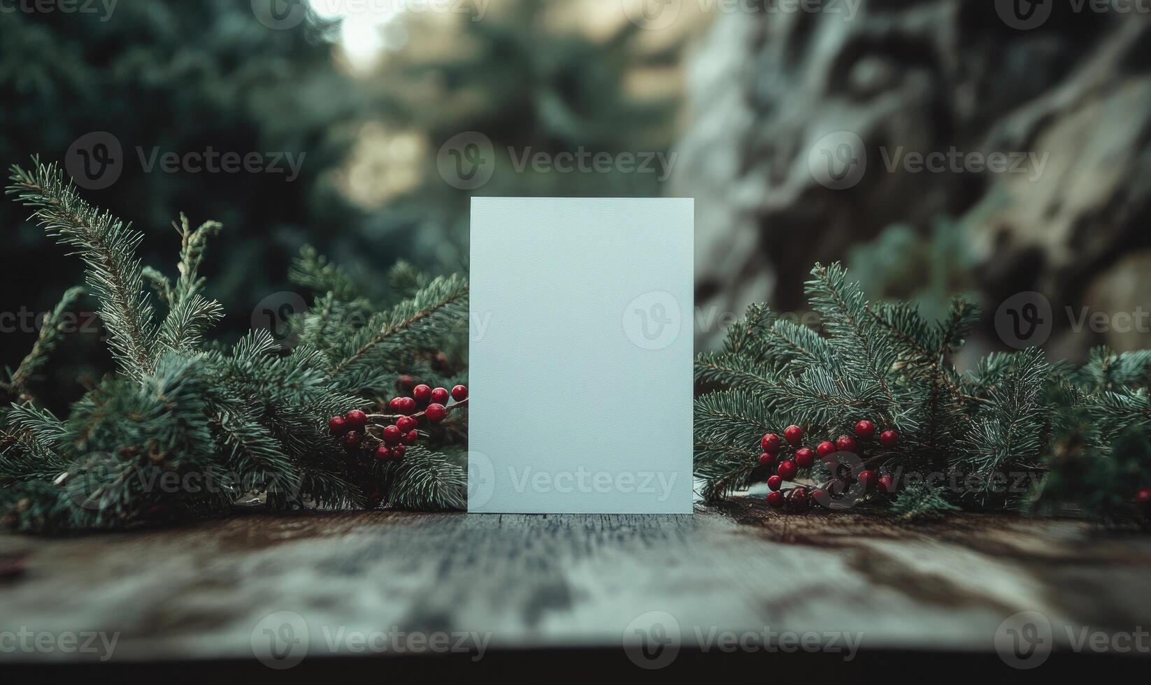 A white card is sitting on a table with red berries photo