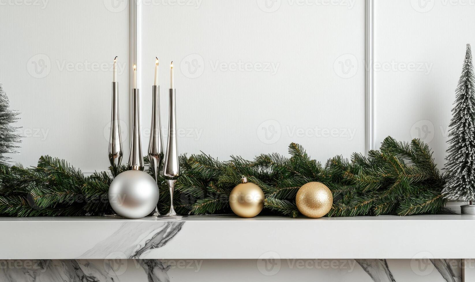 A mantle with a Christmas tree and candles photo