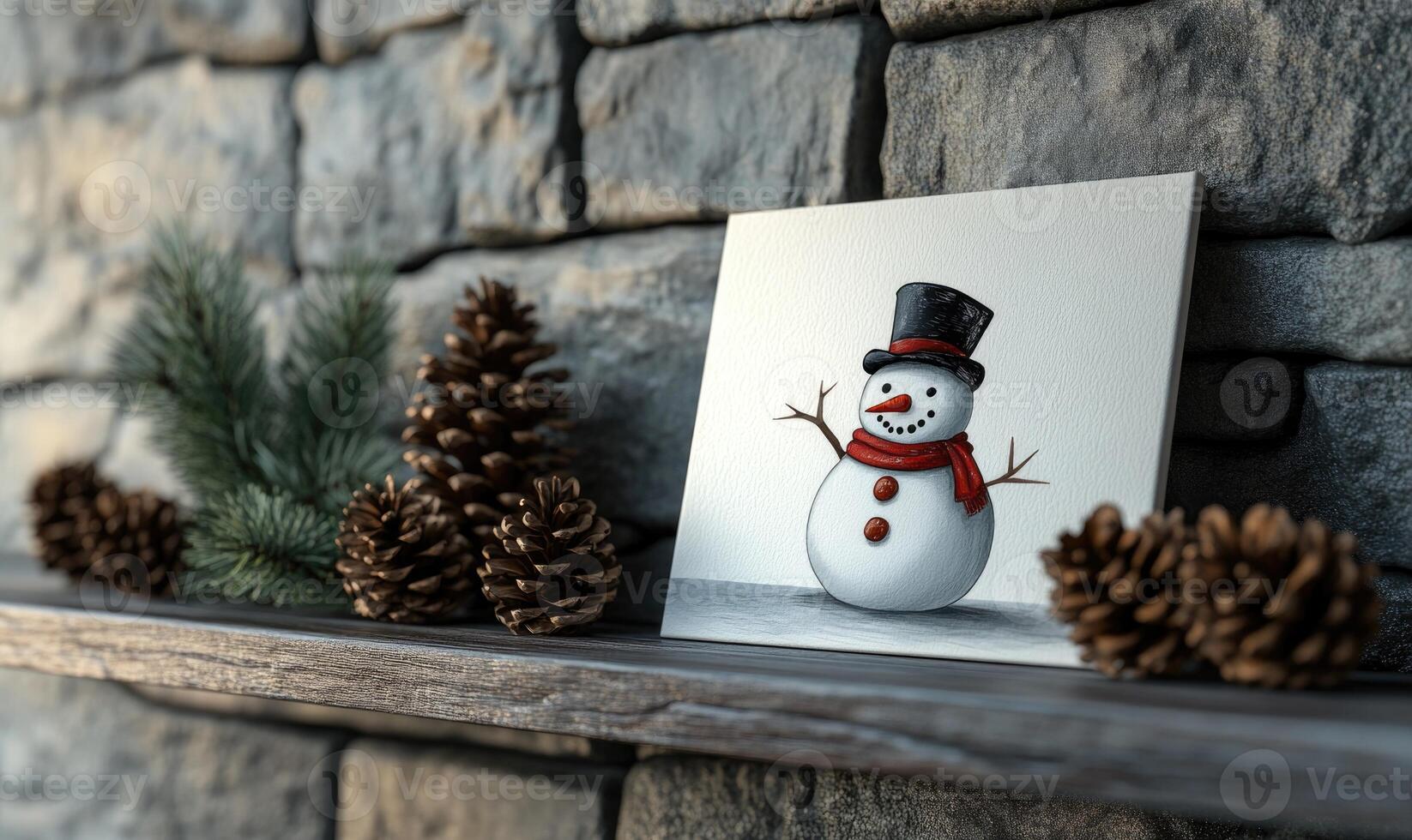 A snowman is sitting on a shelf next to pine cones photo
