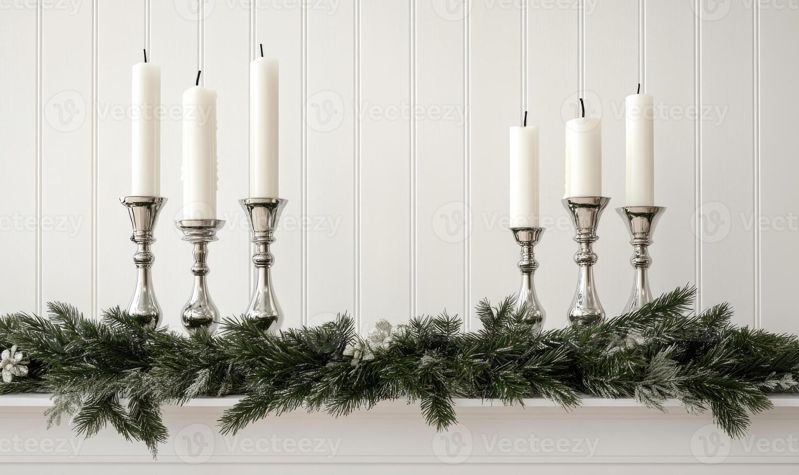 A row of candles are lit on a mantle photo
