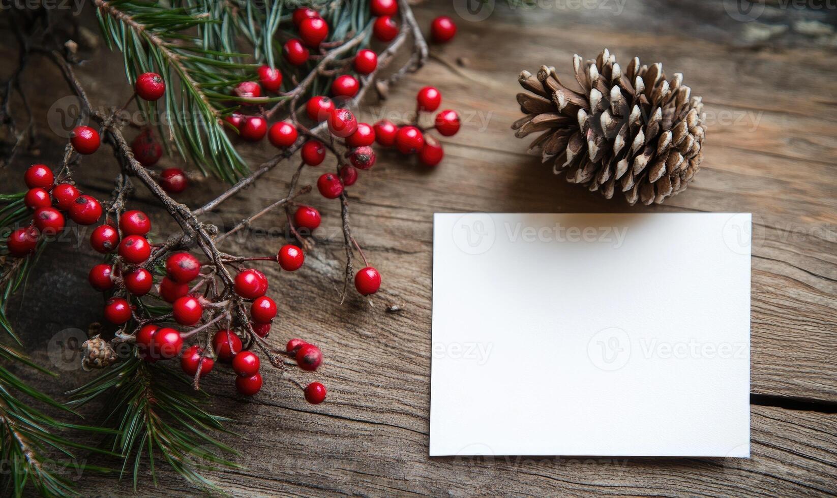 A white card with a red border sits on a wooden surface photo