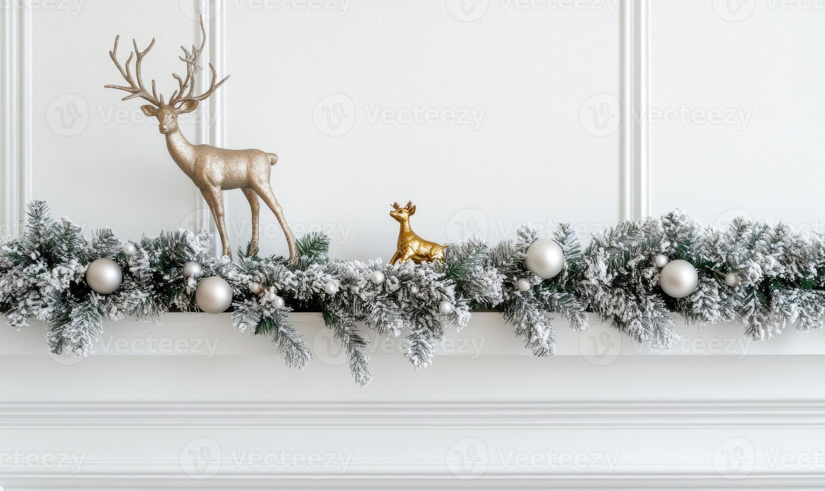 A white mantle with a gold deer and a gold deer figurine photo