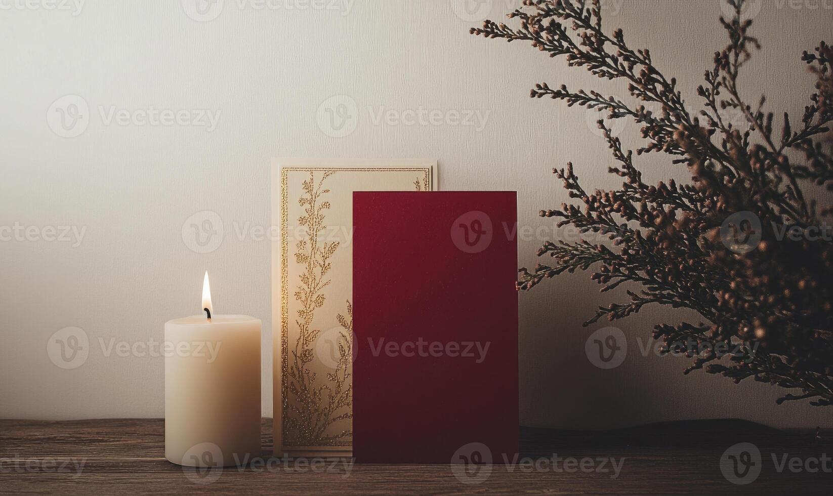 A candle is lit next to a red card on a table photo