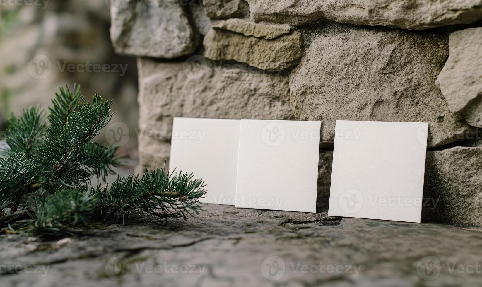 Three white squares are on a stone wall next to a pine tree photo