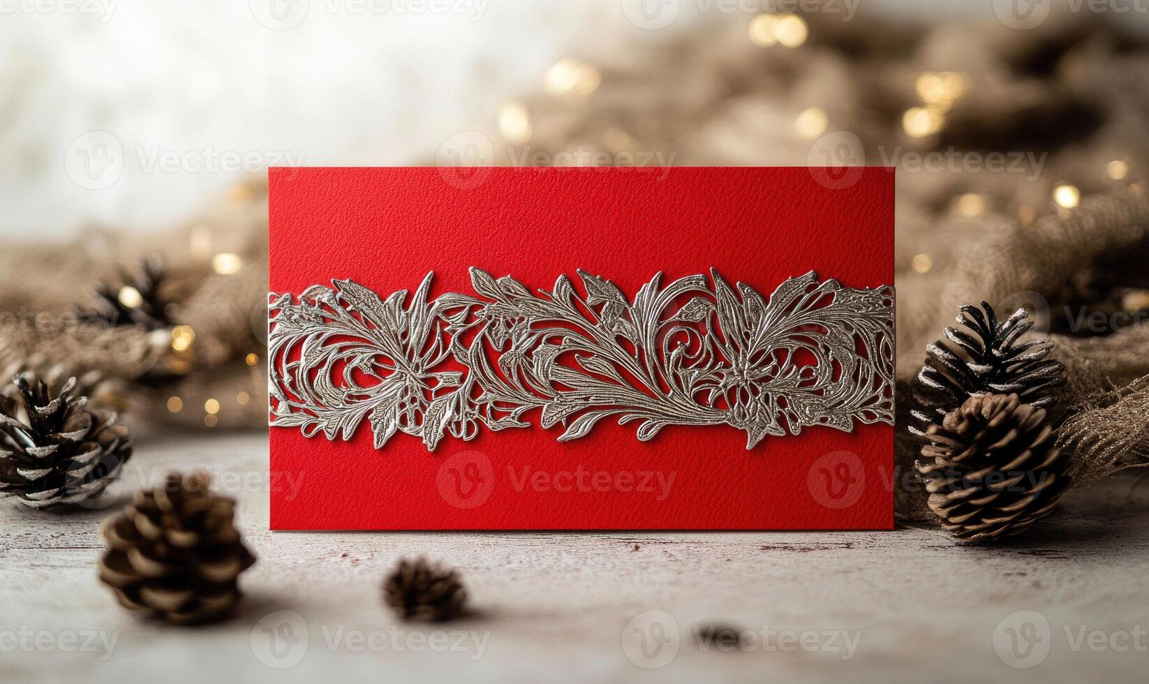 A red card with a silver leaf design sits on a table next to pine cones photo
