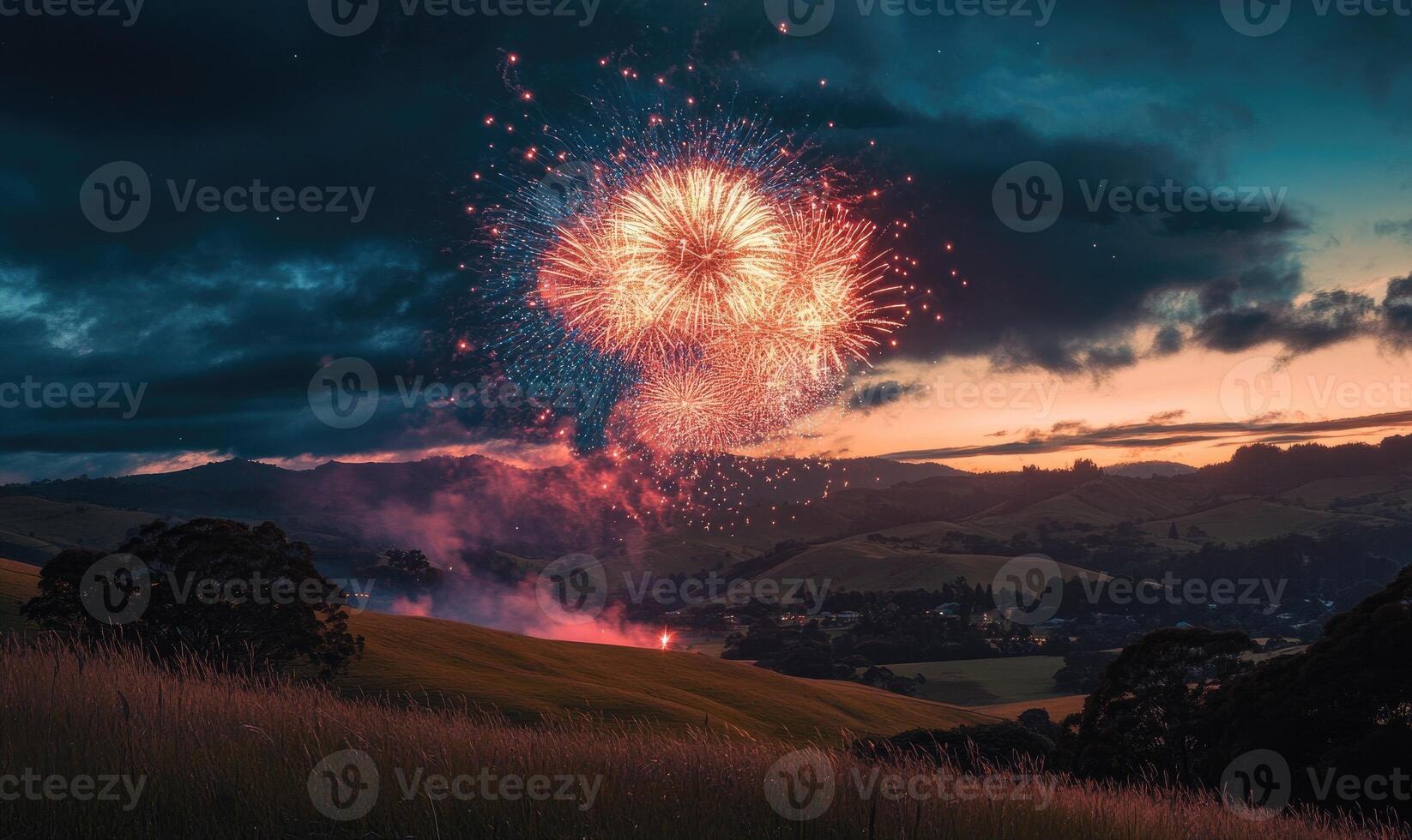 A fireworks display is lit up in the sky over a grassy field photo