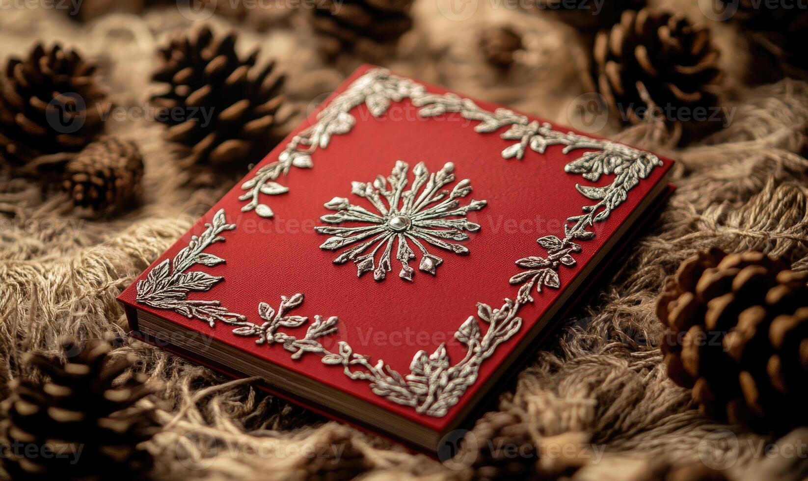 A red book with a silver border and a snowflake design photo
