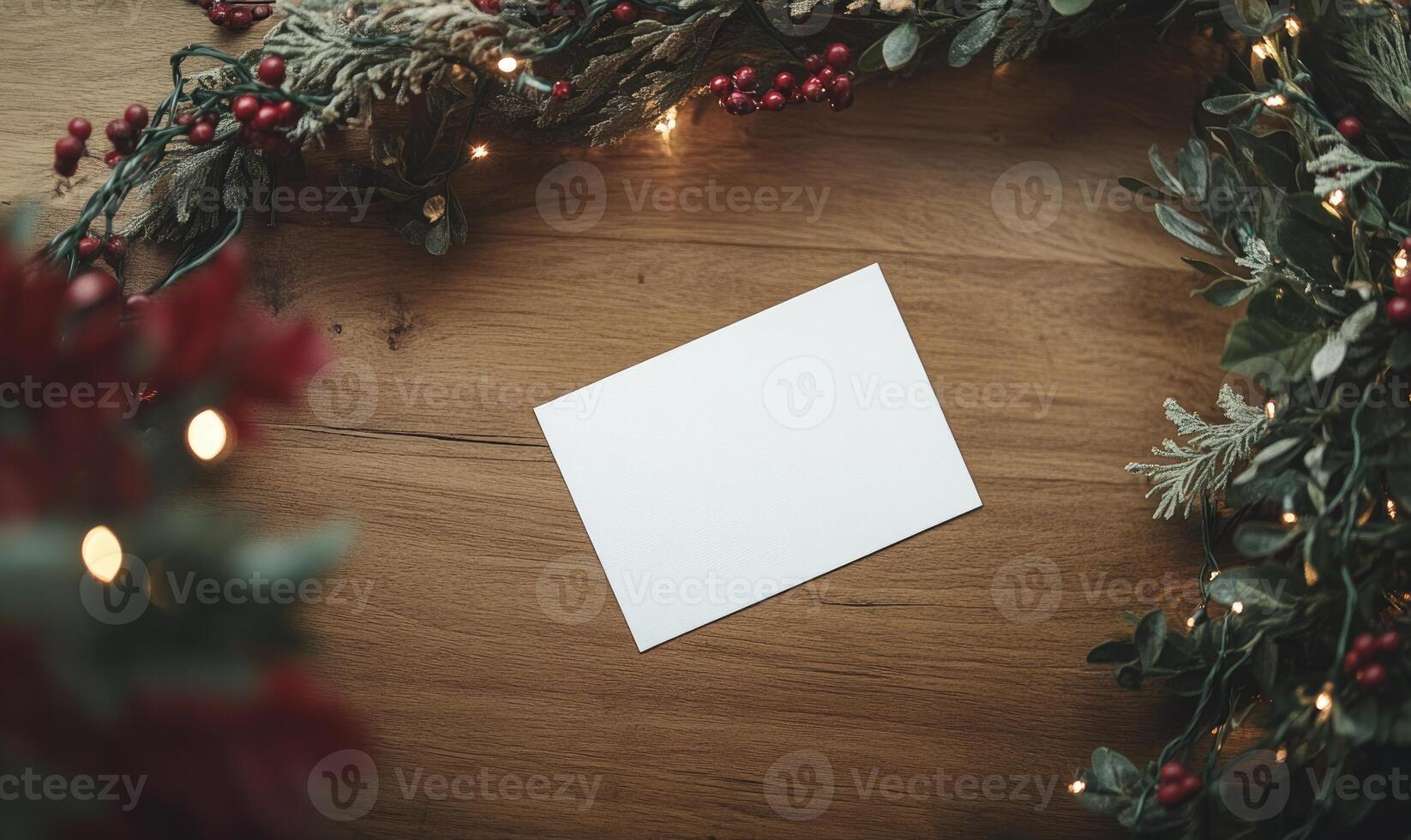 A white card is sitting on a wooden table with a wreath of red berries photo