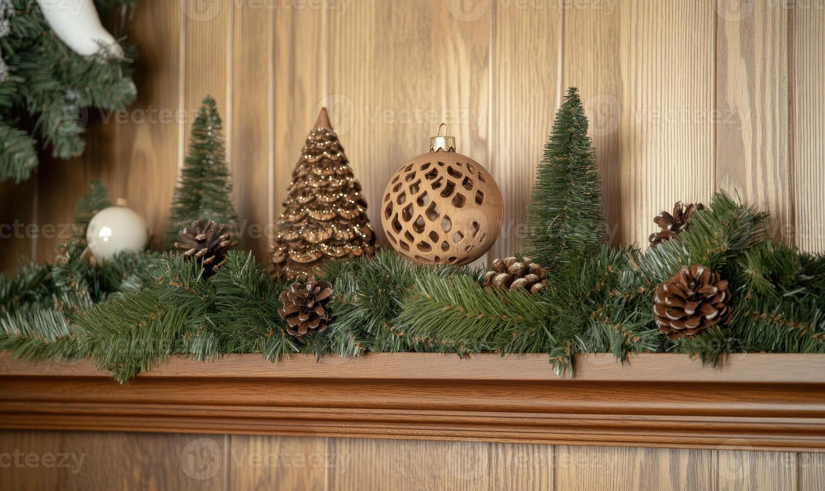 A shelf with a Christmas tree, pine cones, and a ball ornament photo