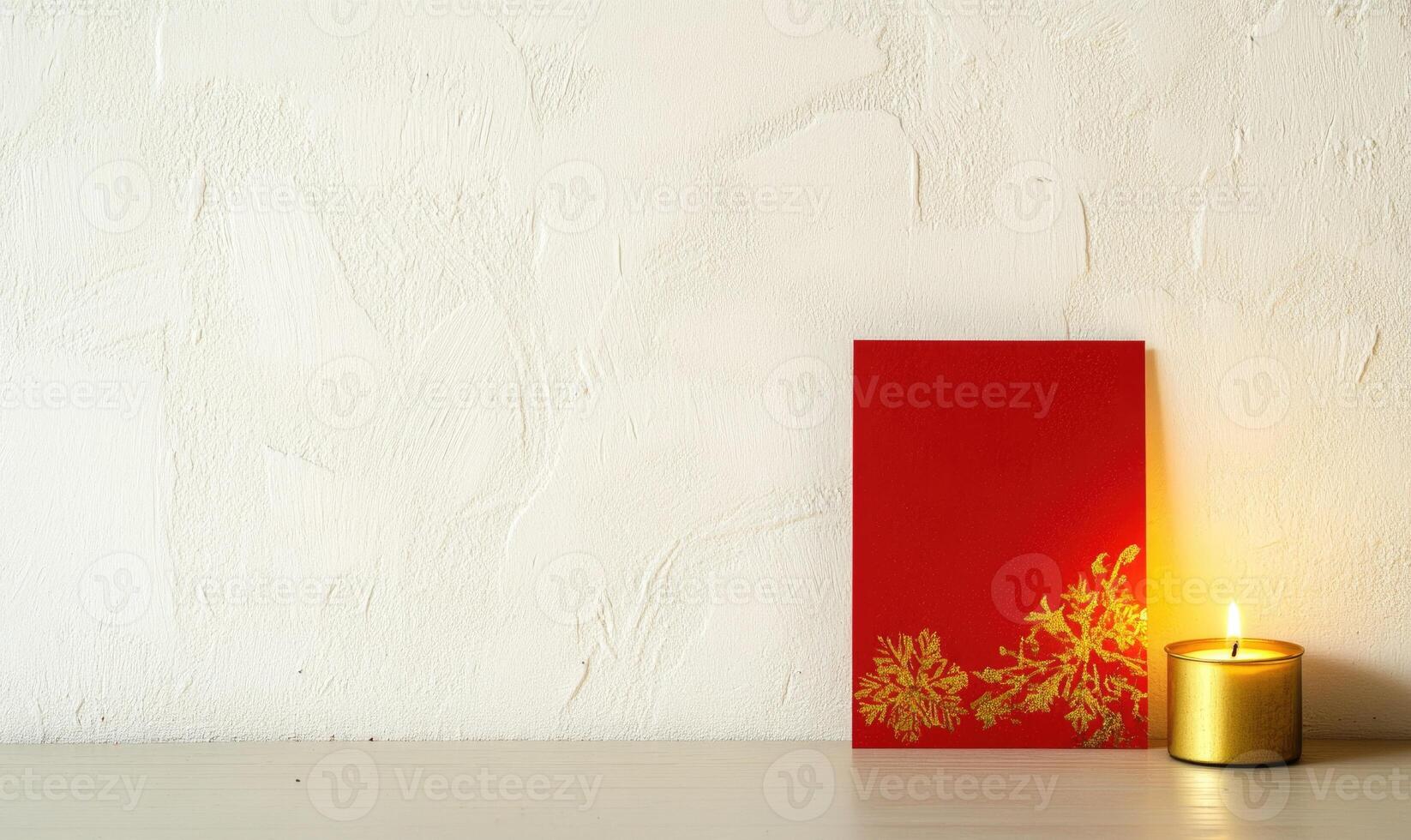 A red square with gold leaf designs sits on a table next to a candle photo