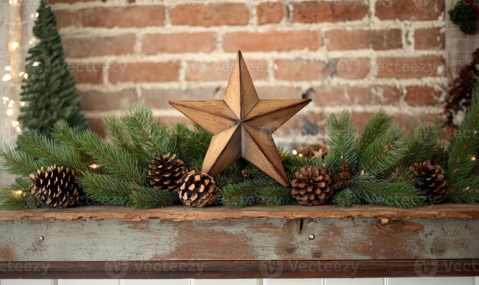 A star is on a mantle with pine cones and a tree photo