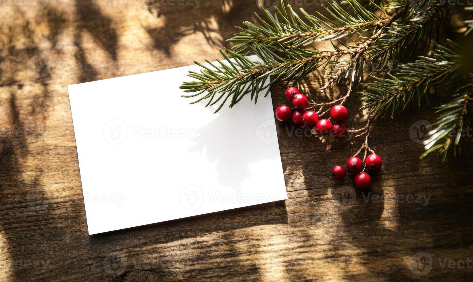 A white card with a red border sits on a wooden surface photo