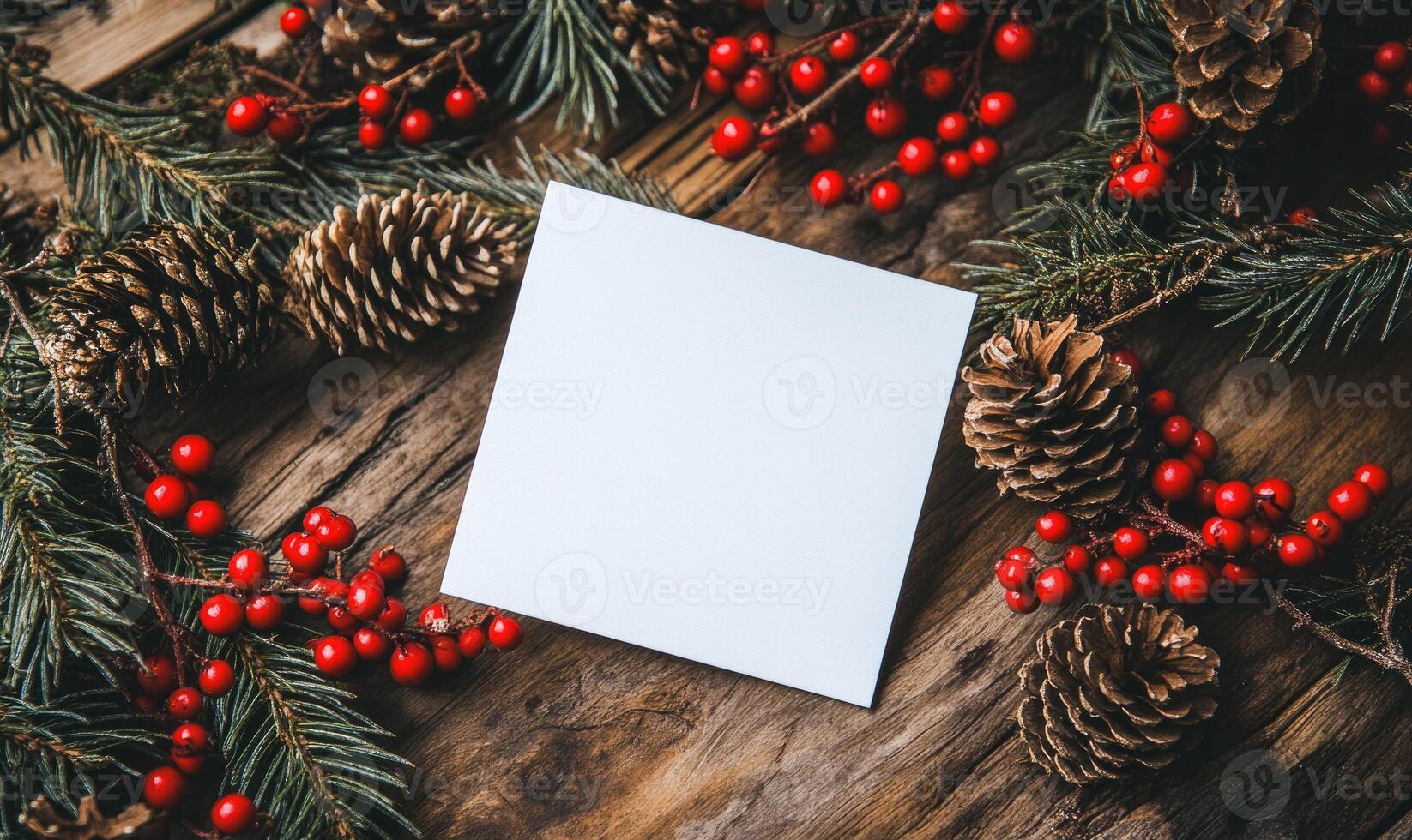 The card is empty, but the berries surrounding it create a festive photo