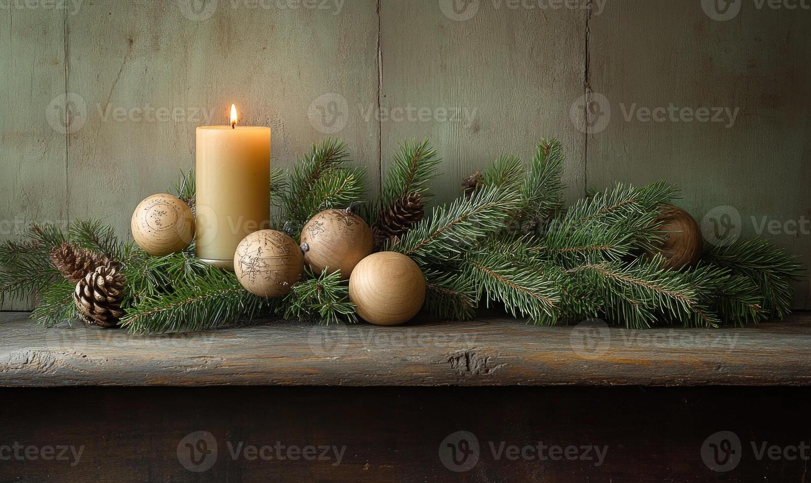 A candle is lit on a wooden shelf with pine needles and pine cones photo