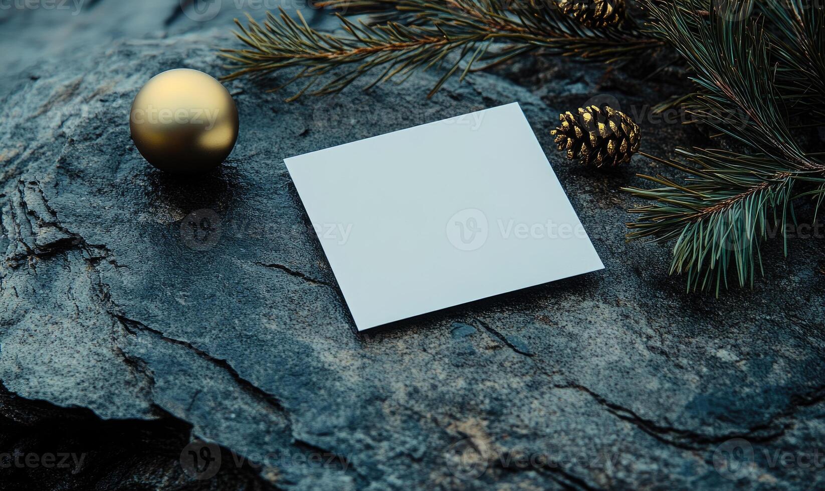 A white card with a gold ball on top of it photo