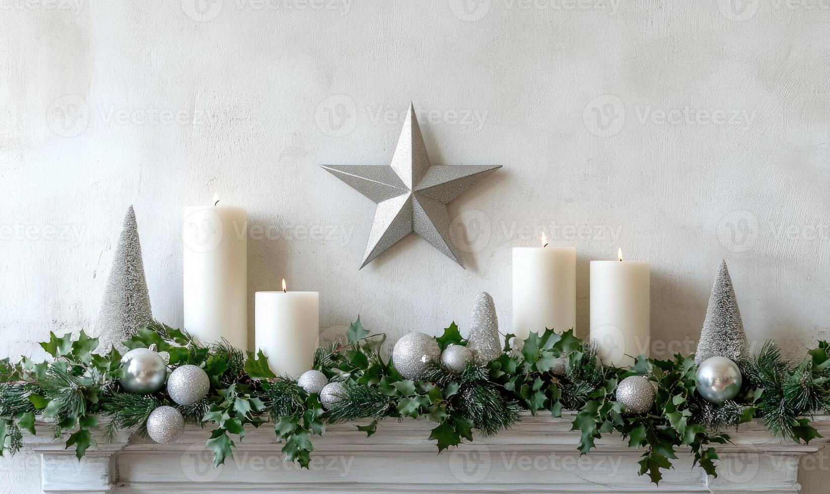 A star is hanging on the wall above a mantle with candles and greenery photo