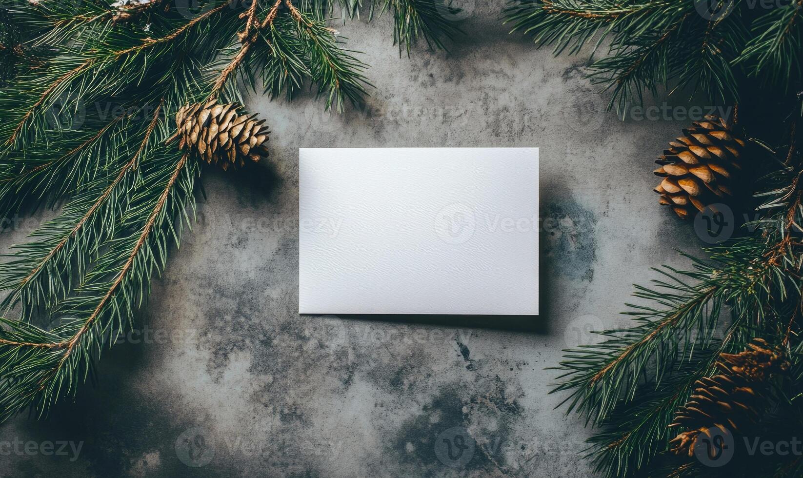 A white card is sitting on a table with pine needles photo