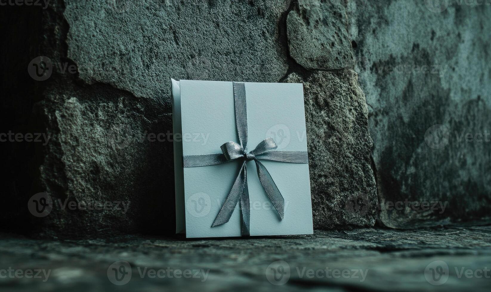 A white box with a silver bow on top of a stone wall photo