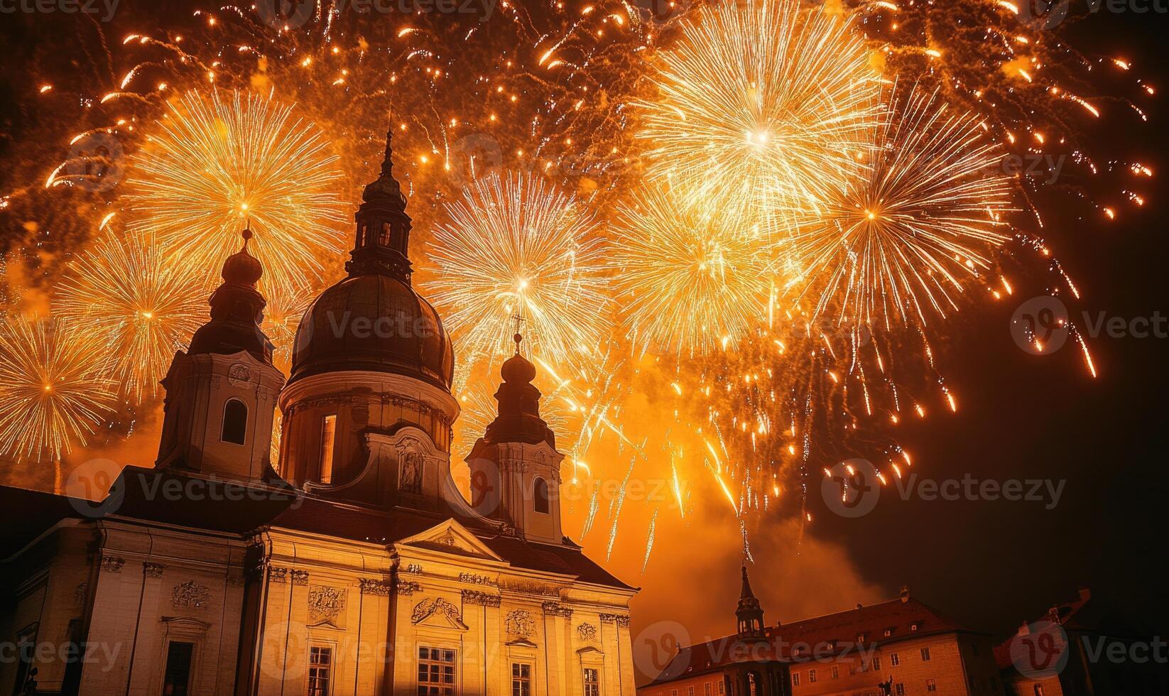 A church with a large dome and two smaller domes is lit up with fireworks photo